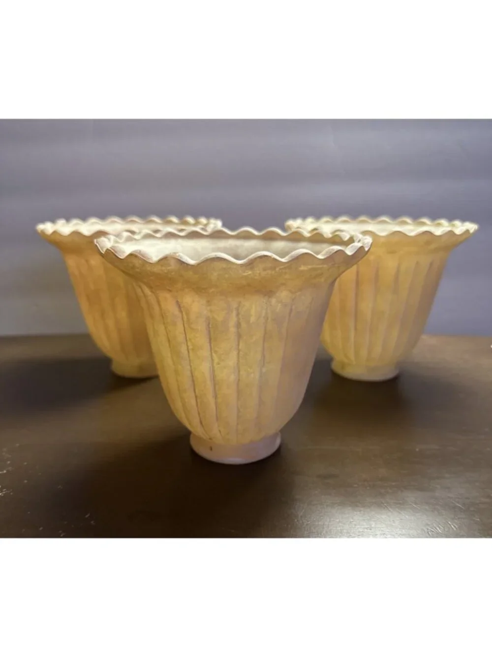 Vintage Fitted Glass Bell Shades Three Beige Marble Painted Ribbed Scalloped